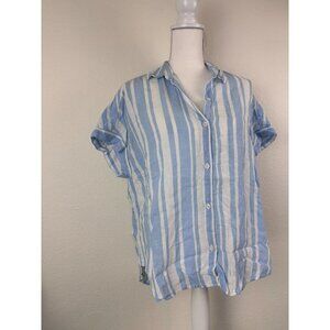 Lola River women's large blue white striped button down short sleeve coastal top